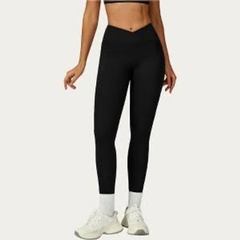 Anna-Kaci Womens Black Crossover V-Waist‎ Leggings with Pockets Small